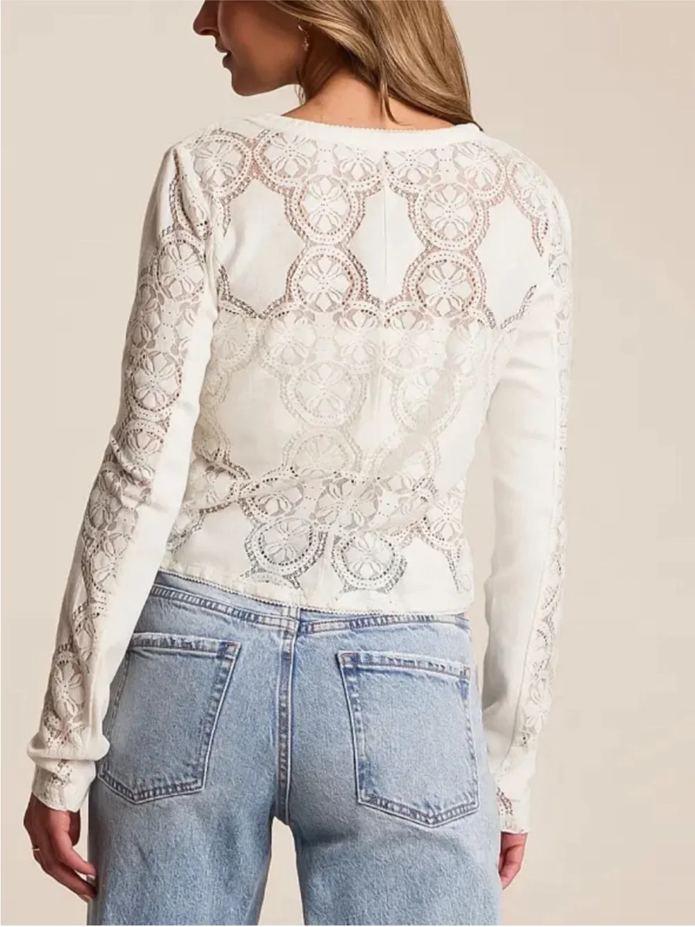 Free People Ivory Lace-Panel Button Down Top